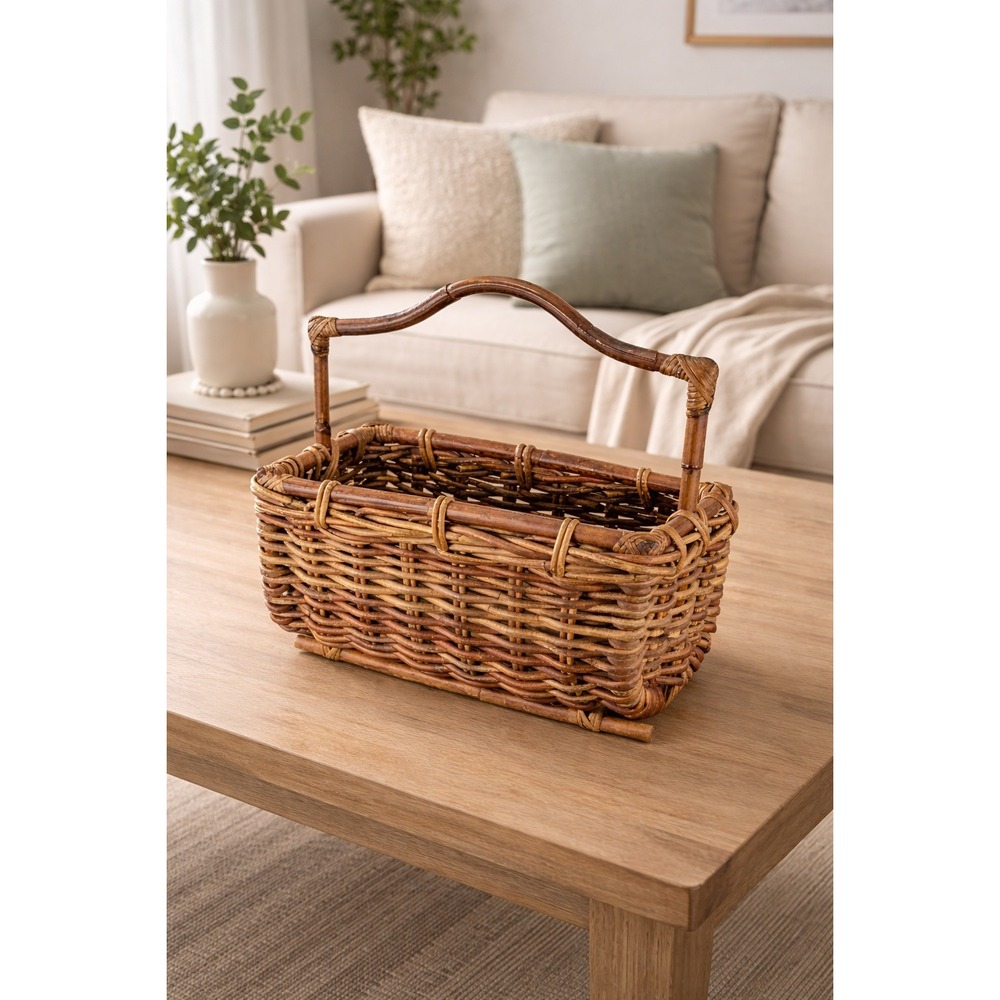 Vintage Wicker Basket with Handle | Rustic Rattan Storage Basket Decor